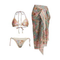 Women's floral pattern bikini set with top, briefs, and skirt in creamy-white colour