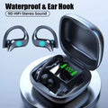 Black plastic ear-mounted wireless TWS Bluetooth headset with digital display screen for battery level