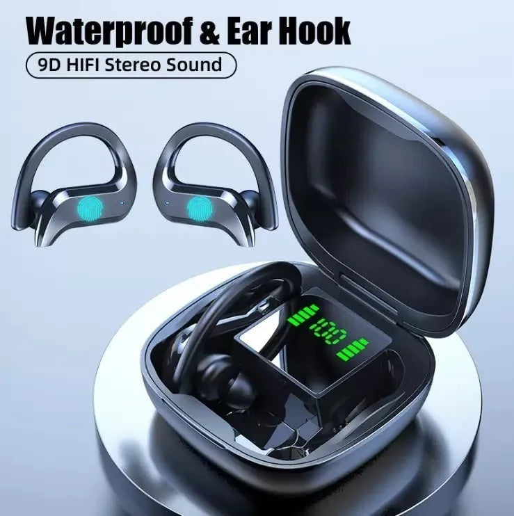 Black plastic ear-mounted wireless TWS Bluetooth headset with digital display screen for battery level