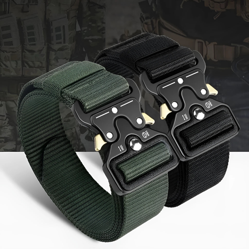 Men's thick canvas tactical belt with alloy release buckle shown in khaki colour