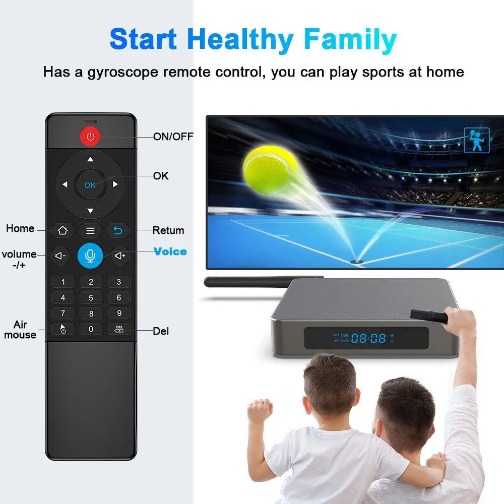 Black Android TV set-top box with remote control on a white background
