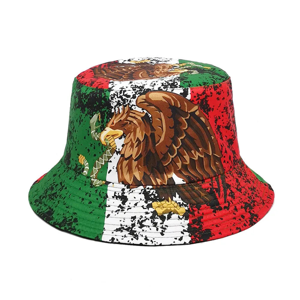 Eagle pattern polyester bucket hat with dome crown in retro style