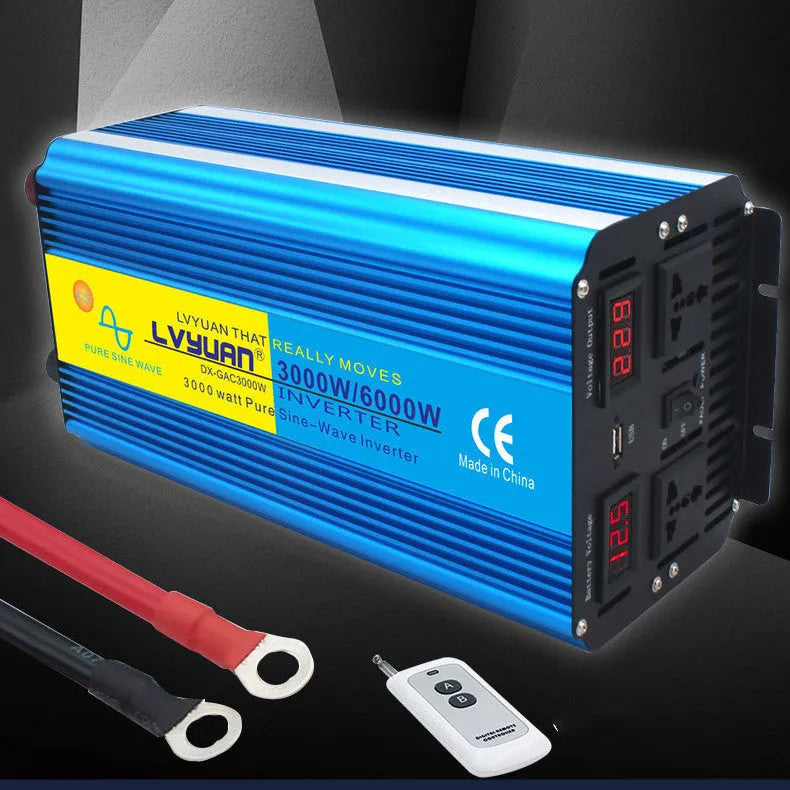 Blue 3000W pure sine wave power inverter with digital display and remote control for 12V/24V to 220V conversion