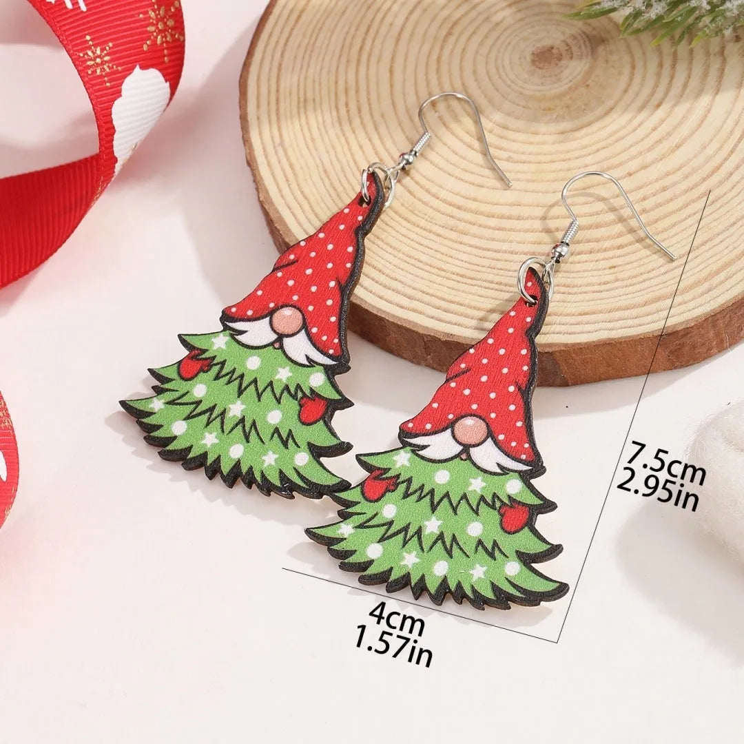 Wooden Christmas earrings with geometric shapes and printed festive designs