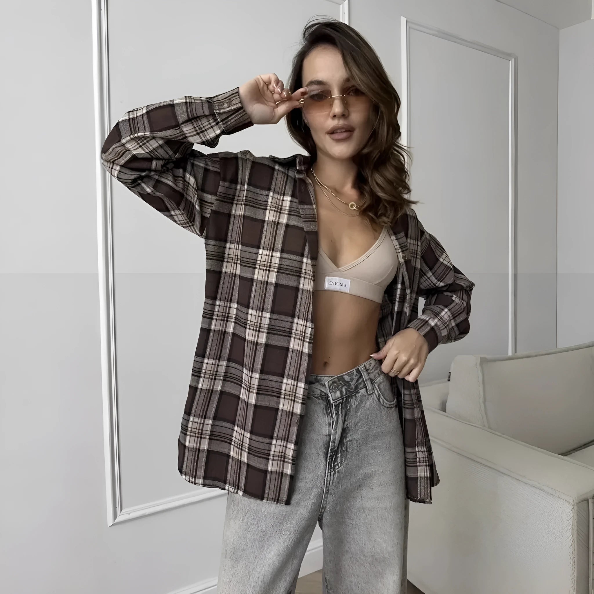 Women's dark brown striped cotton shirt with retro styling and regular sleeves
