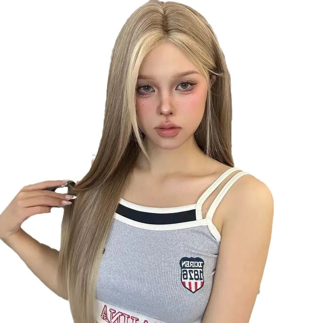Forehead lace wig in golden brown gradient colour with centre parting, on a mannequin, full head design for ladies