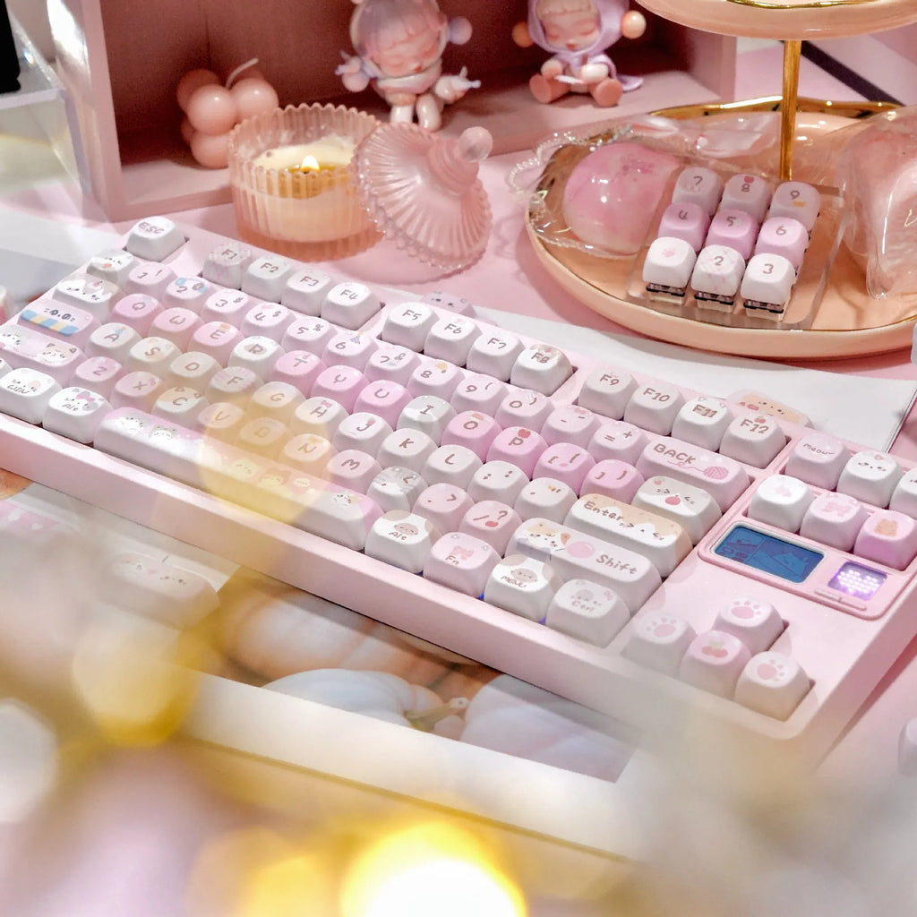 Pink cartoon style MOA height sublimation key cap set for mechanical keyboards.