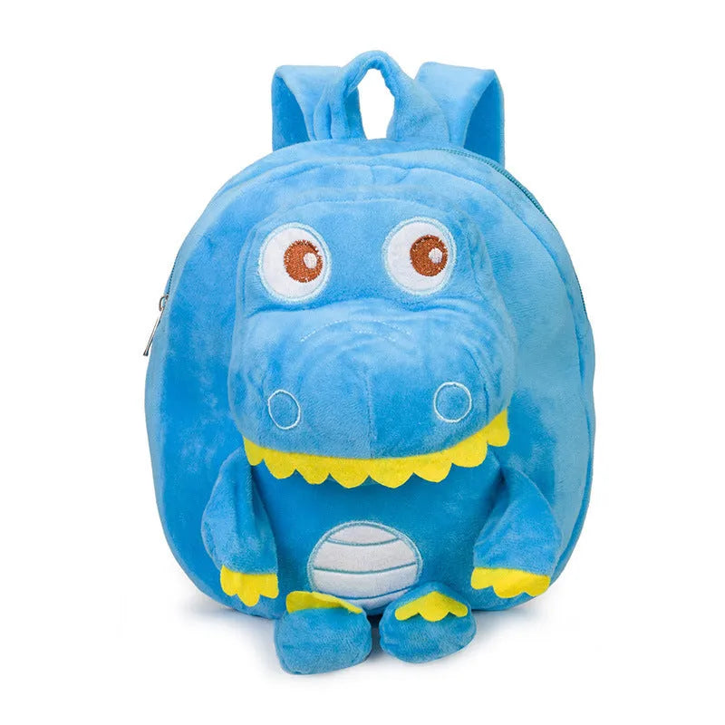 Soft blue dinosaur plush backpack with embroidered details and a soft handle.