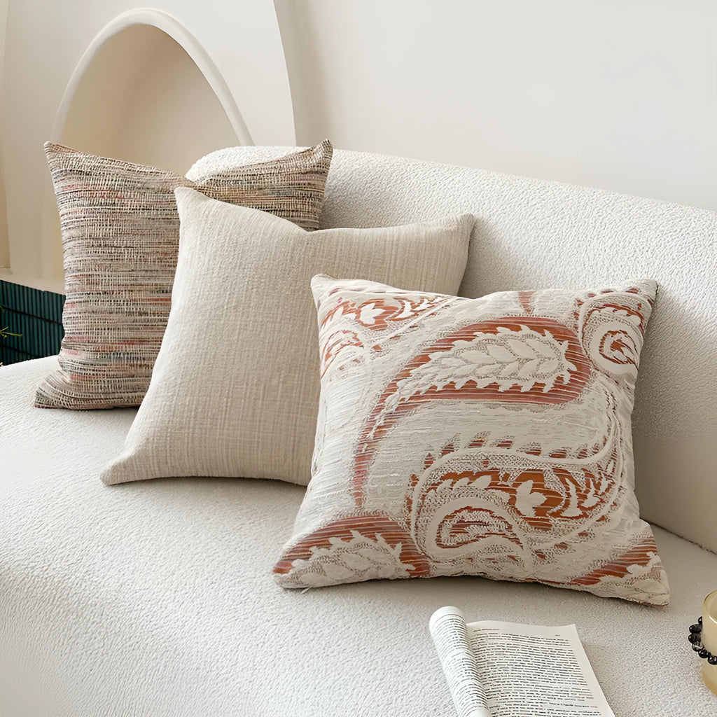American-style yarn-dyed jacquard sofa cushion with paisley pattern in amber colours