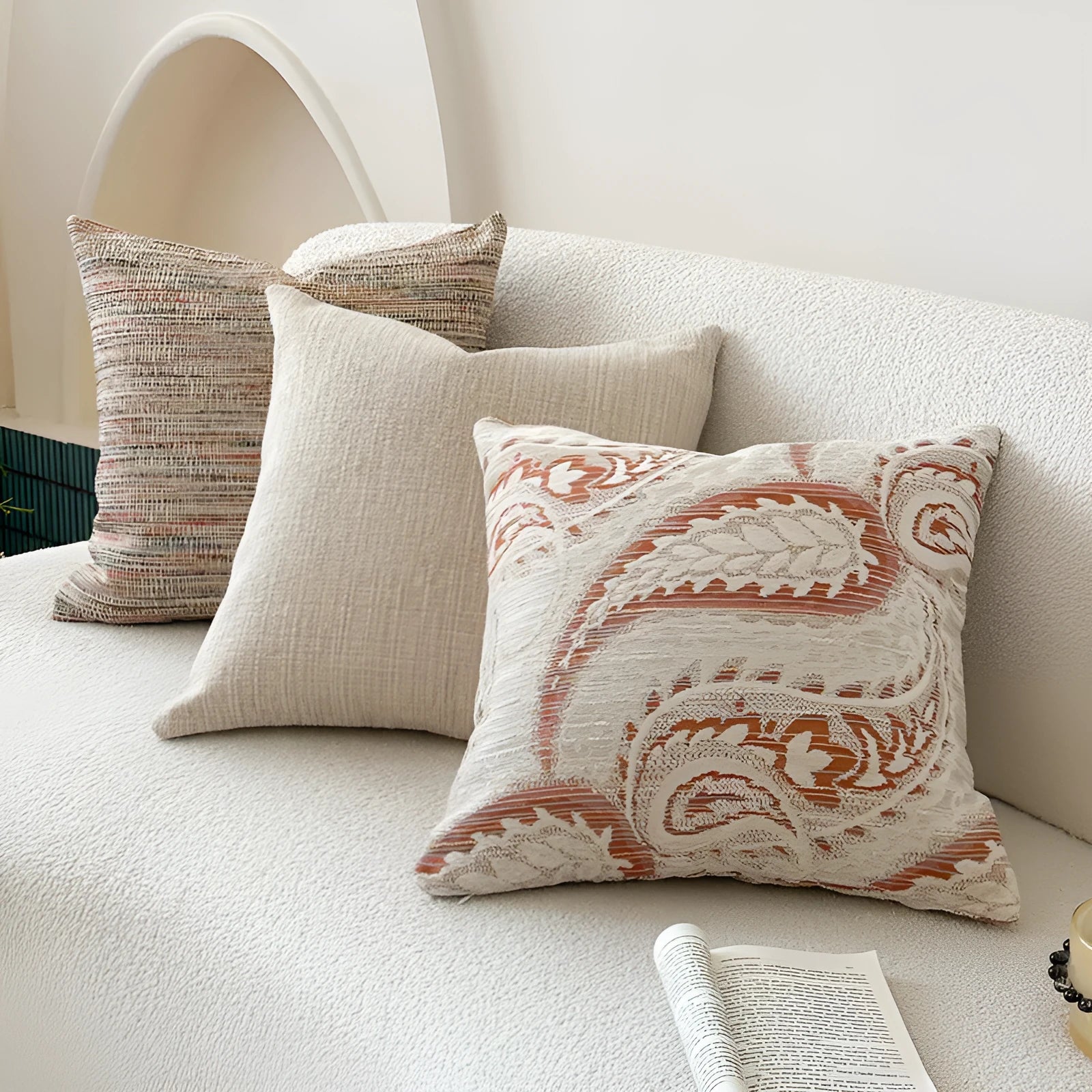 American-style yarn-dyed jacquard sofa cushion with paisley pattern in amber colours