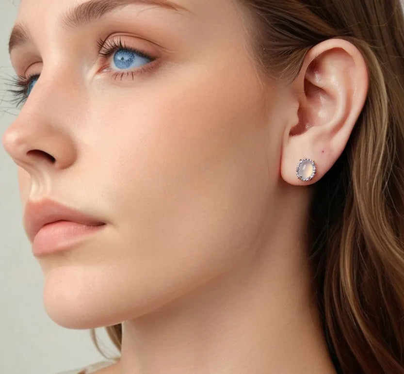 Women's 925 sterling silver magic stone stud earrings with geometric ellipse shape French romantic style