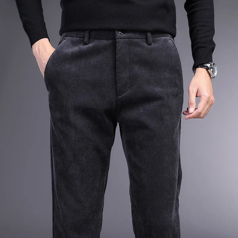 Retro-style men's straight-leg striped trousers in a chemical fibre blend fabric.