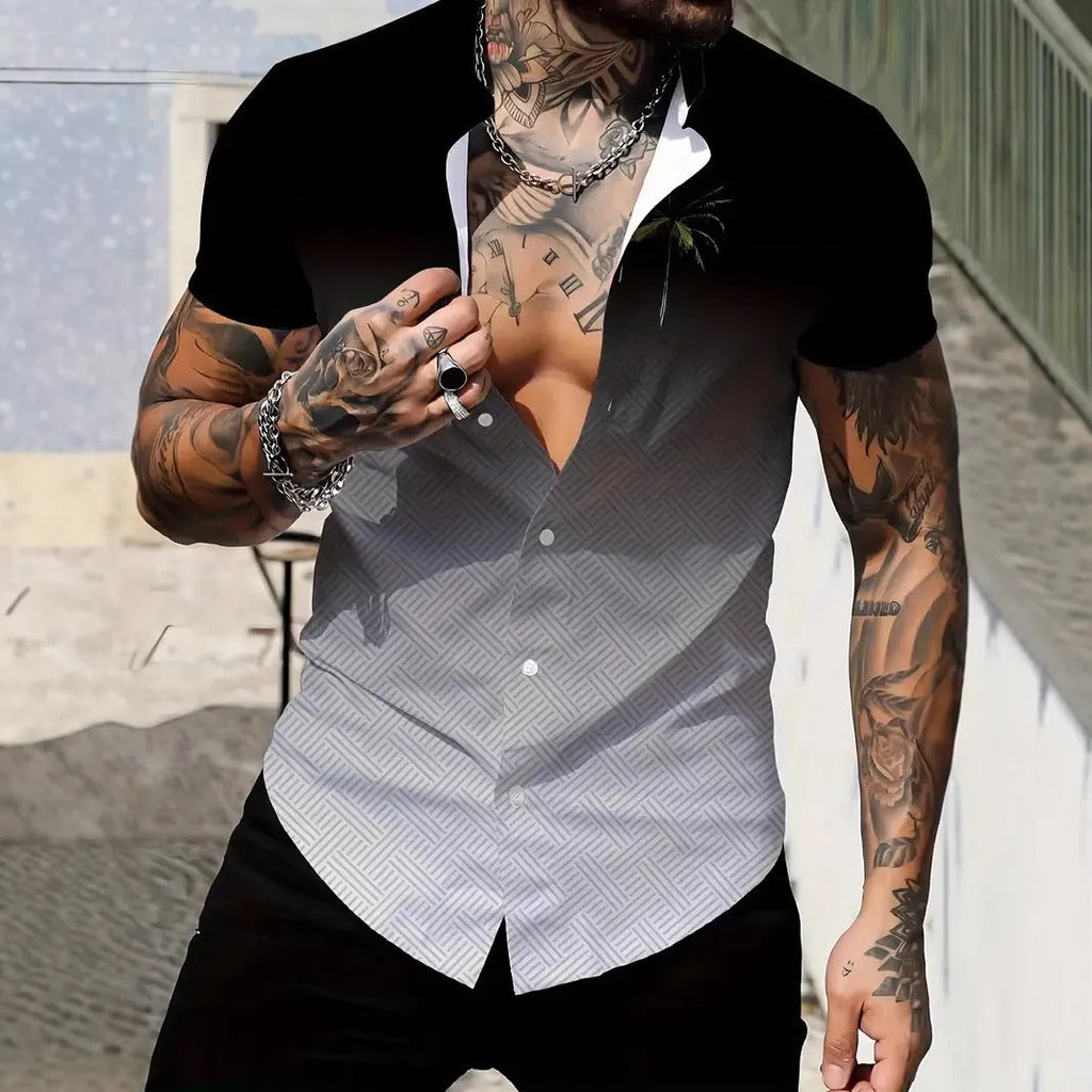 Men's geometric line pattern lapel short sleeve shirt in slim fit polyester