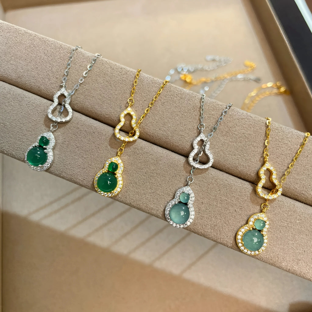 925 silver double gourd jade necklace with O-link chain and electroplated finish, 41-50cm