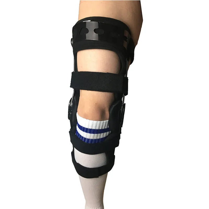 Black knee support brace with visible side splints, shown in left and right leg variants.