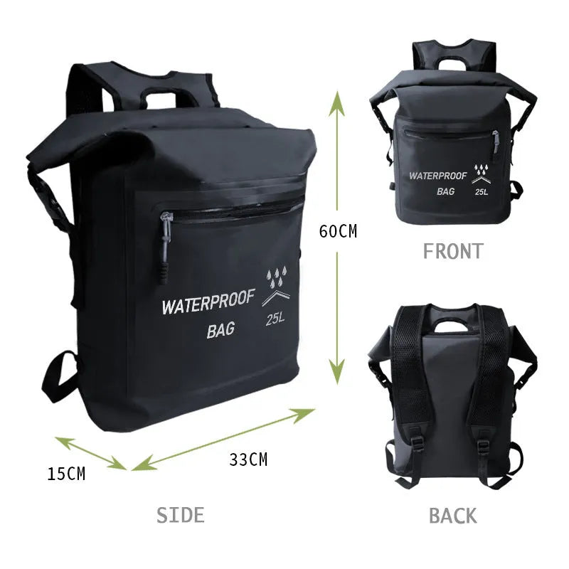 Black 25-litre waterproof outdoor backpack with 500D mesh for swimming and rafting