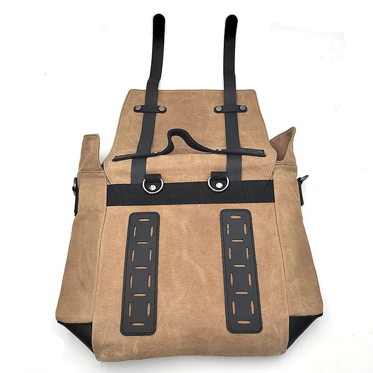 Waterproof canvas motorcycle side pannier pack with cowhide top layer in black colour