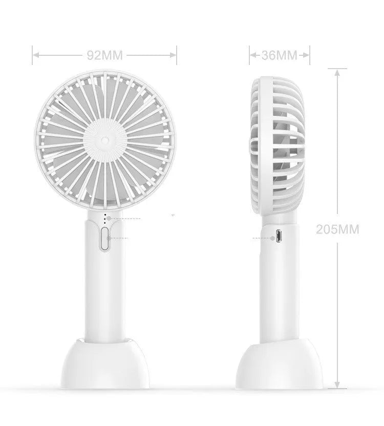 Blue handheld mini USB desktop fan with three speed settings showing compact design
