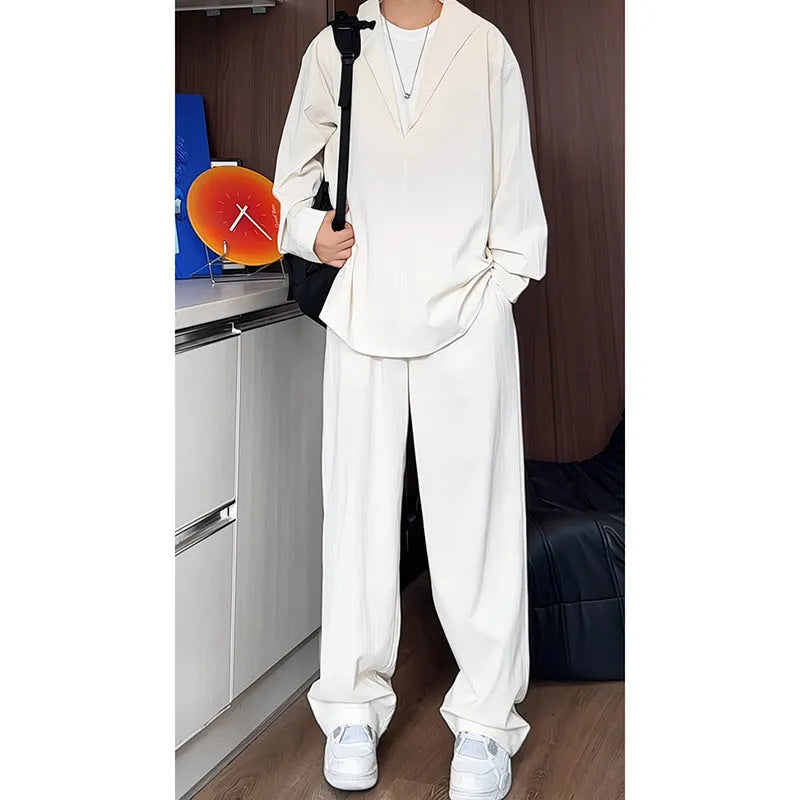 Men's apricot colour long sleeve polo shirt and trousers casual suit set on a hanger