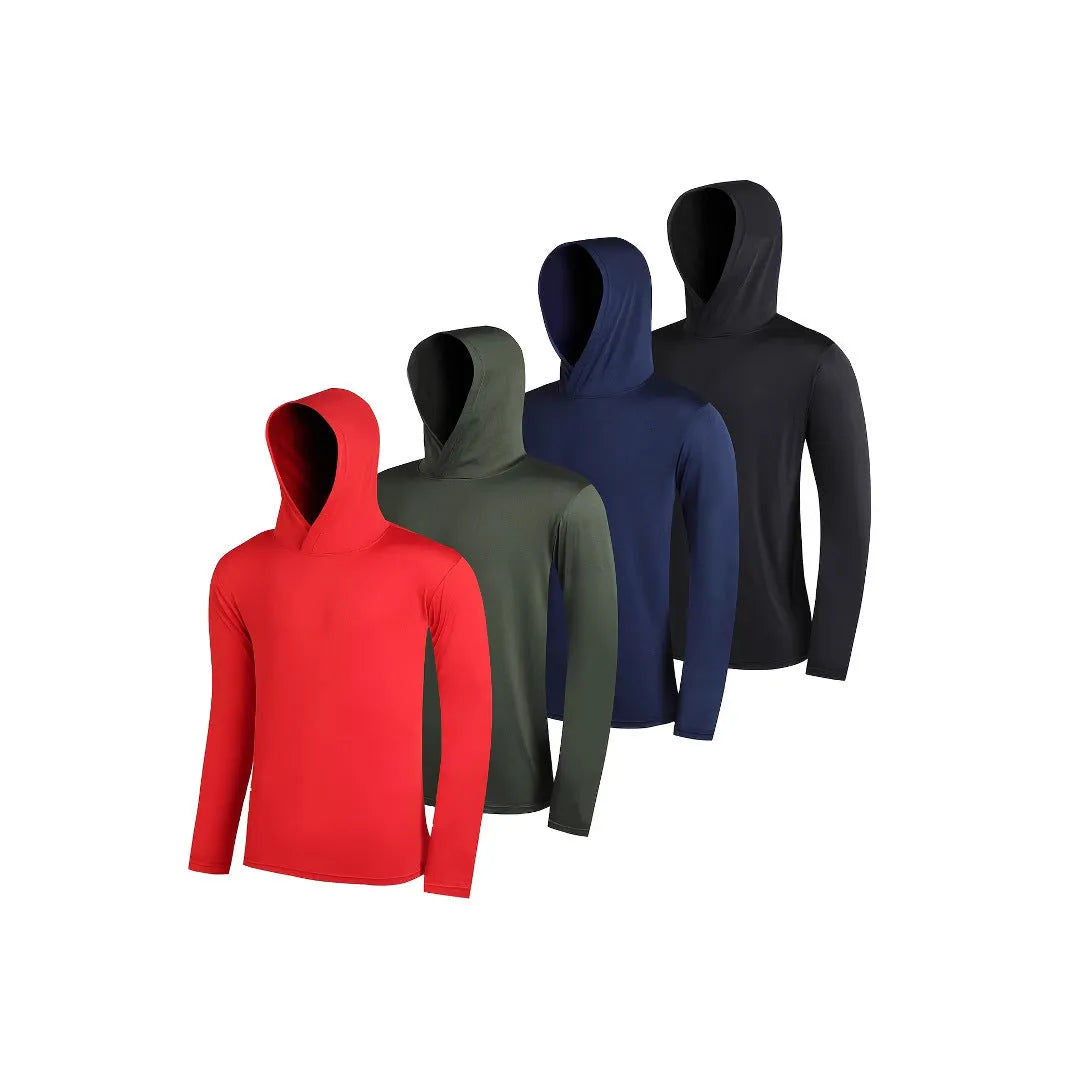 Four men's lightweight polyester hoodies in different colours displayed together as a coordinated set