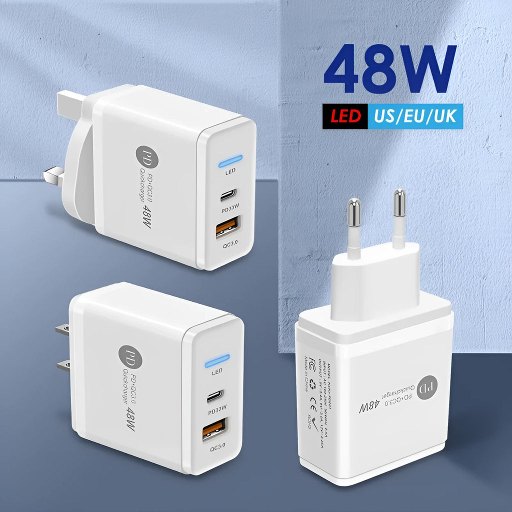PD48W fast charging travel charger with type-C USB port and indication light