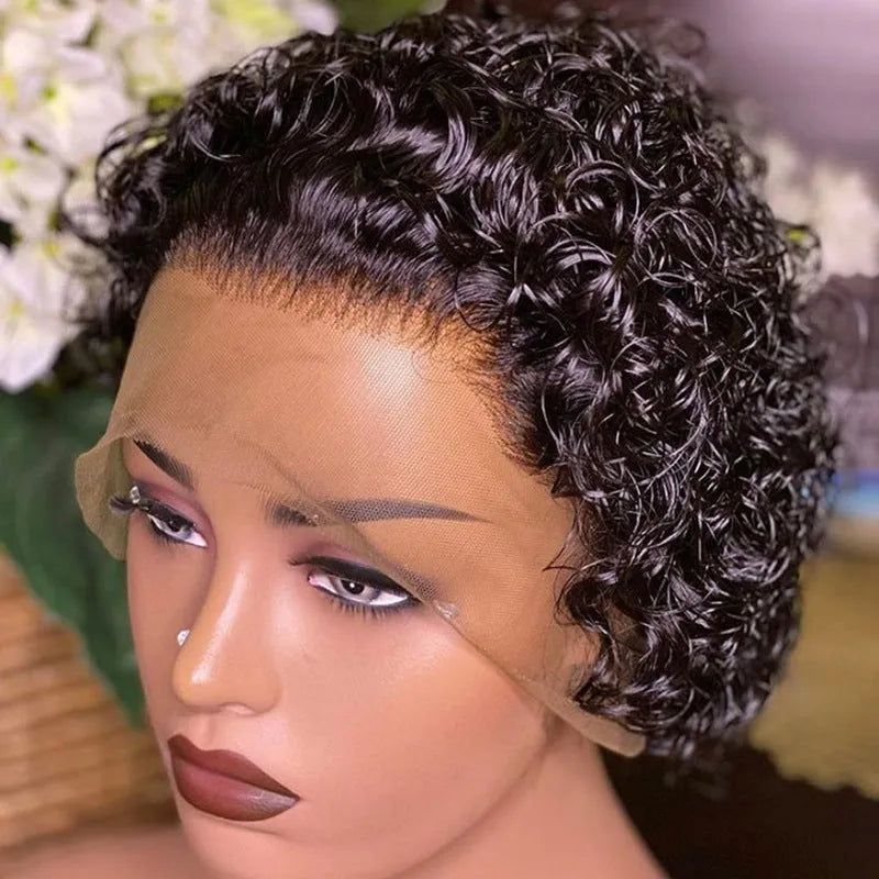 Black human hair pixie wig cover for women on a white background.