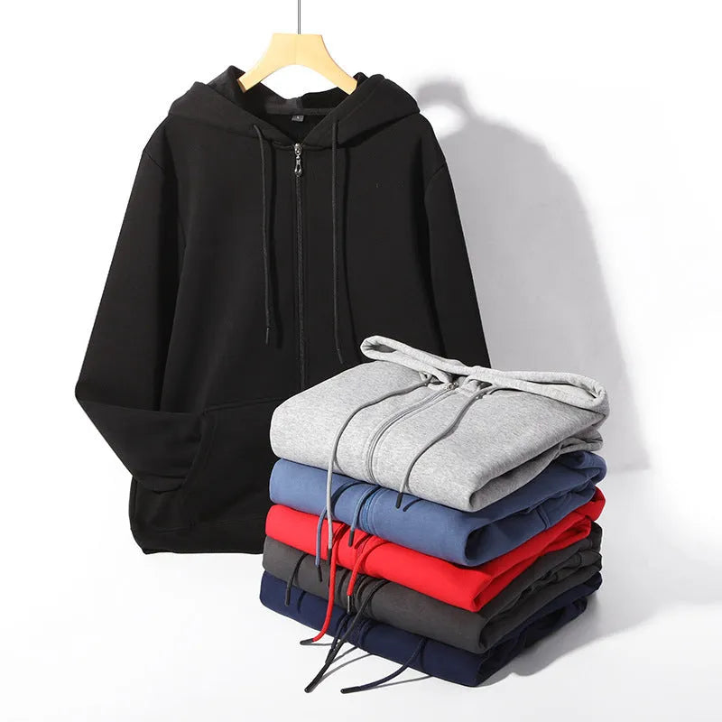 Man wearing a beige plus-size heavyweight hooded zip-up cardigan with top-stitched pockets.