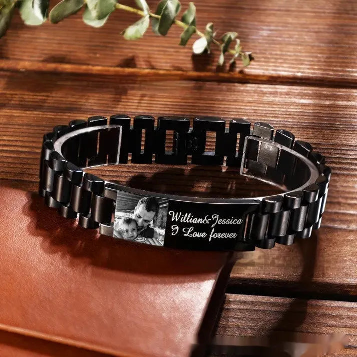 Men's stainless steel lettering bracelet with curved heart shape in gift box