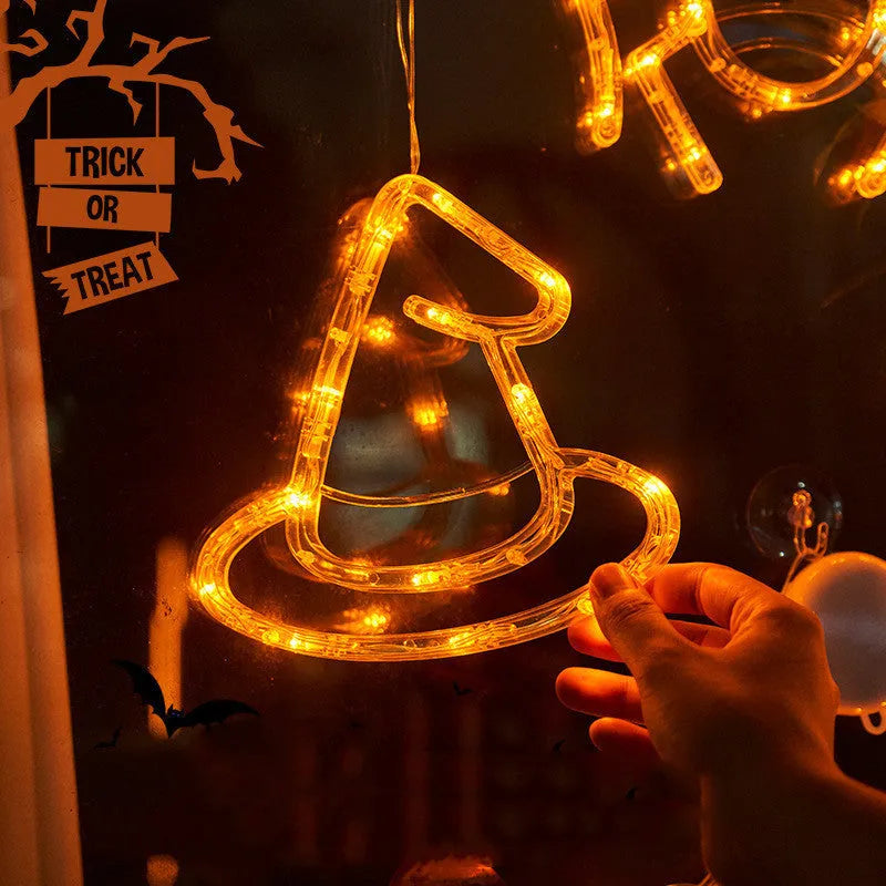Seven Halloween-themed battery LED window lights with spiders, pumpkins, ghosts on suction cups