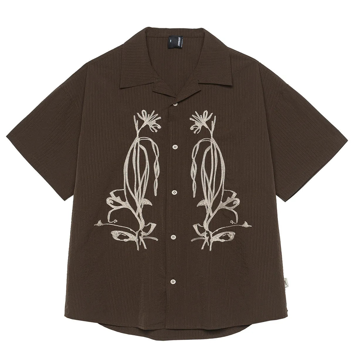 Brown coffee stripe outdoor shirt with Cuban collar and short sleeves.