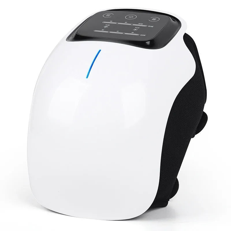 White LCD smart electric heating knee massager with infrared heat therapy for legs, on a table