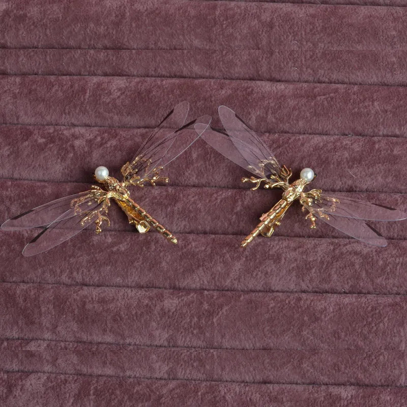 Golden dragonfly side clip headdress with electroplated alloy construction