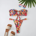 Women's floral printed tube top and briefs bikini set in high elasticity fabric