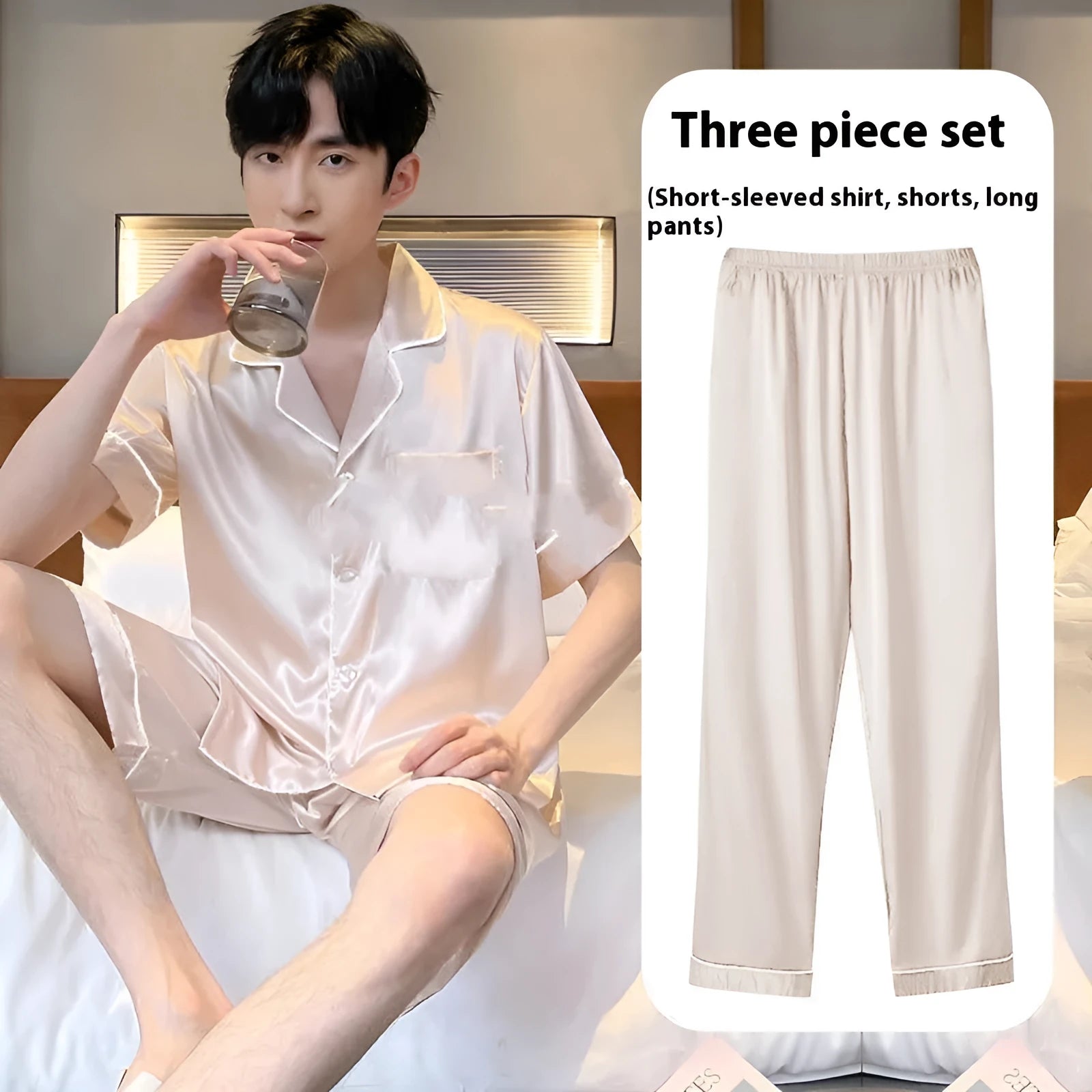 Men's ice silk three-piece home wear set showing black loungewear including top, shorts, and trousers.