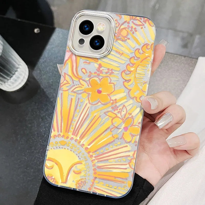 Silver Gray hard phone case with chain for iPhone showing feather yarn IMD-transparent Posey Sun design