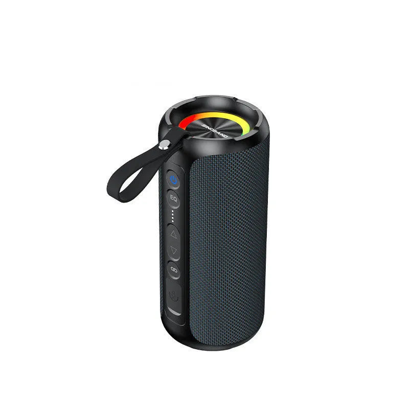 Black plastic portable Bluetooth speaker 50W with Type-C port, 80x80x180mm, on a flat surface