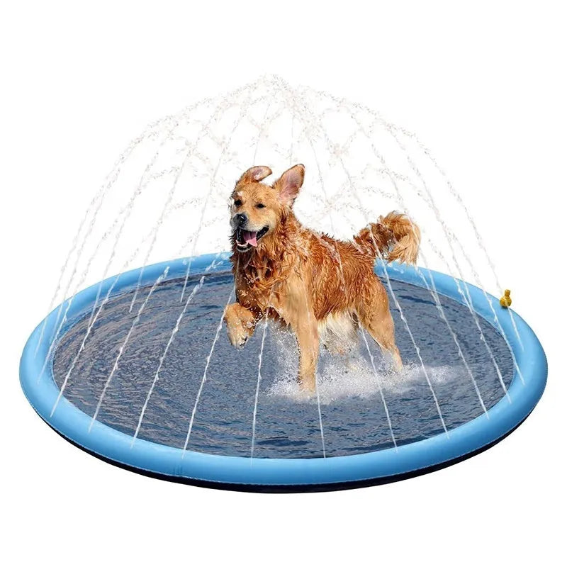 Blue anti-slip dog splash pad mat with sprinkler jets, set up on a garden lawn.