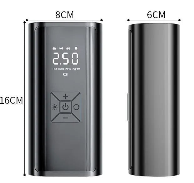 Portable wireless digital tyre pump with display screen, inflator hose and power connections