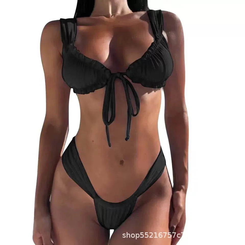 Women's lace-up bikini in solid colour with nylon fabric, briefs style, available in multiple colours