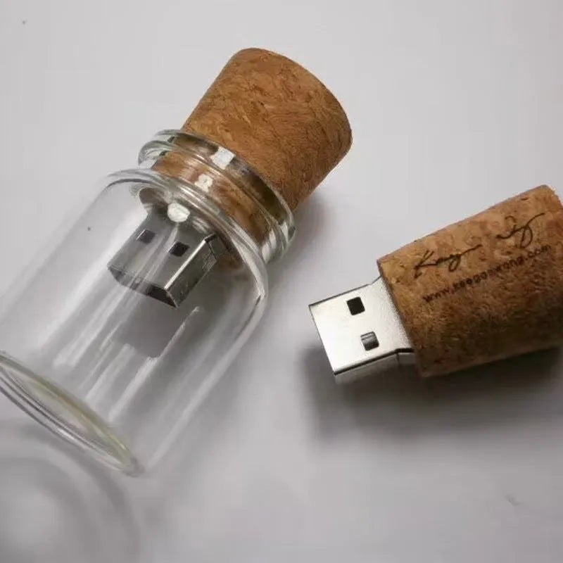 Wooden wish bottle shaped USB flash drive in transparent colour, showing scale.