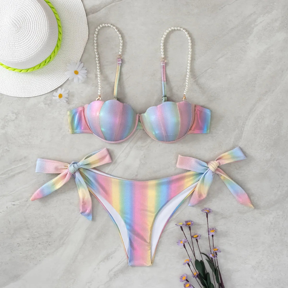 Women's rainbow split tied bikini swimsuit with triangle top and briefs
