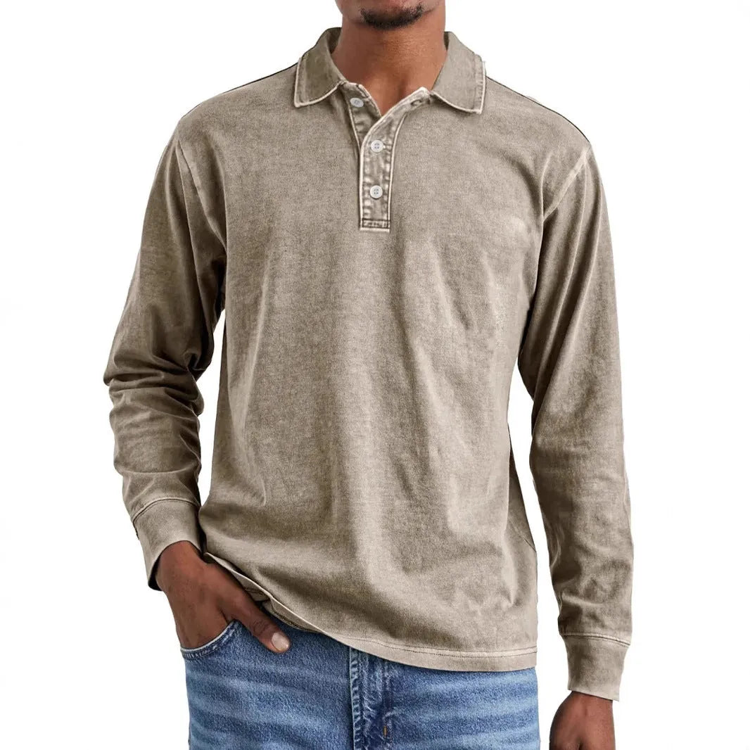 Men's retro washed distressed cotton long sleeve polo shirt with lapel collar in multiple colours
