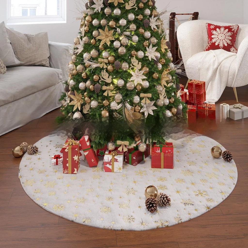 Christmas tree group design plush doormat with snowflake motifs in multiple size options