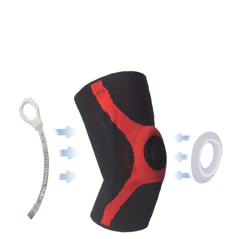 Silicone knitted sports knee pads in red and grey colours with non-slip design for running and climbing