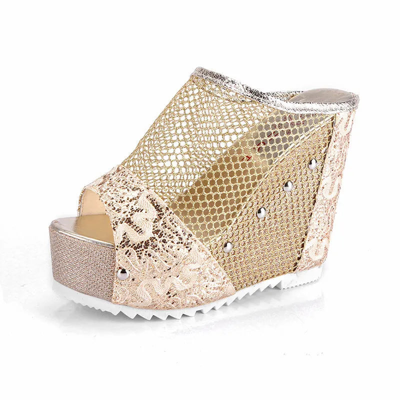 Women's black platform sandals with a hollowed-out chunky heel, mesh upper, and lace-up front.