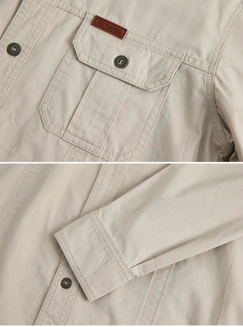 Men's casual loose long sleeve cotton shirt in solid army green, khaki, beige, or black, sizes M to 6XL