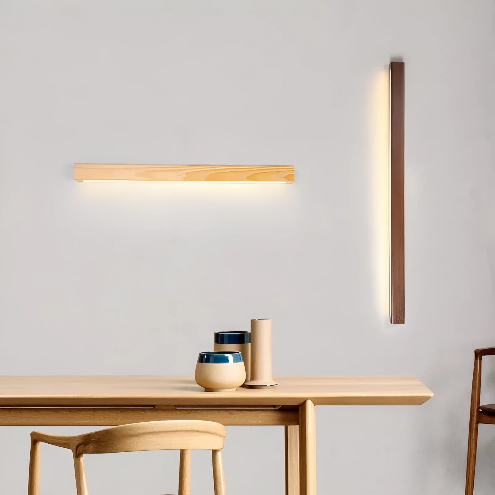 Walnut-coloured long wooden log strip wall lamp with LED lighting in a minimalist design.