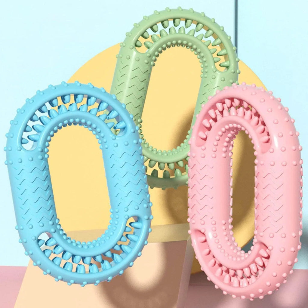 Blue O-ring shaped dog chew toy for aggressive chewers and dental care.