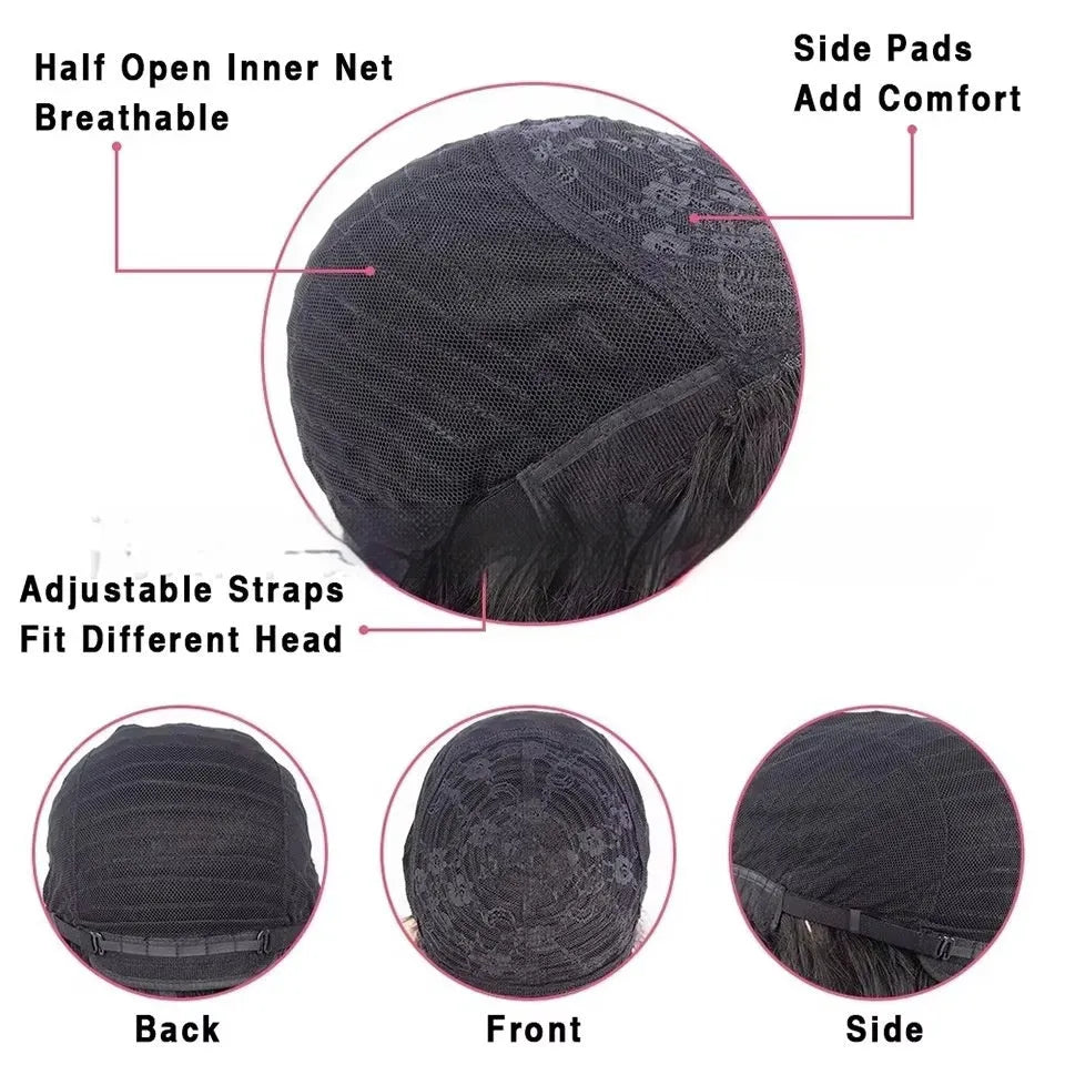 Natural colour human hair wig with straight fringe on a full-mechanism headgear cap.