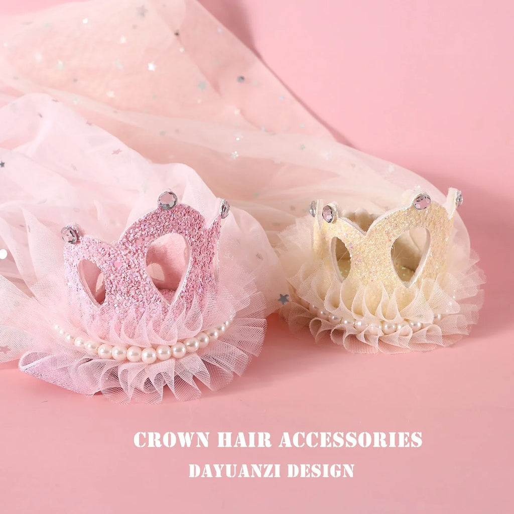 Pet princess crown headdress with beige veil on cat for wedding costume